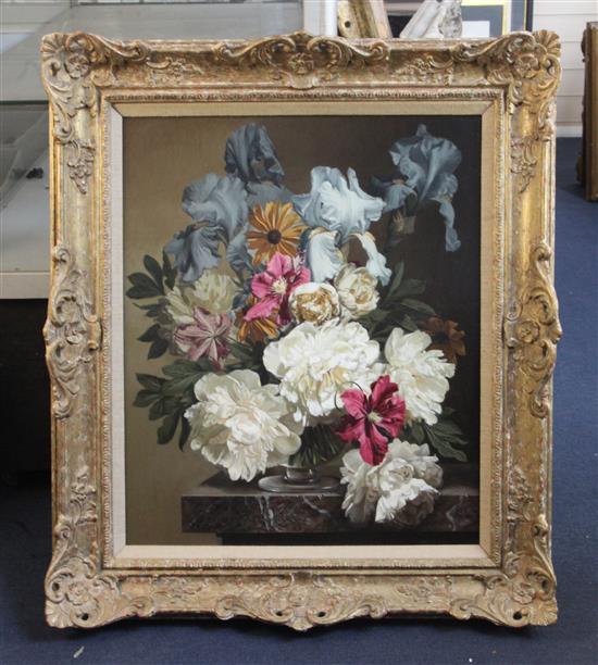 § Bennett Oates (1928-2009) White Peonies and Blue Iris 24 x 20in.